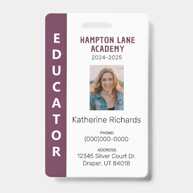 Plum Vertical Stripe Homeschool Educator ID Badge (Front)