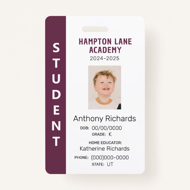 Plum Vertical Stripe Homeschool Student ID Badge (Front)