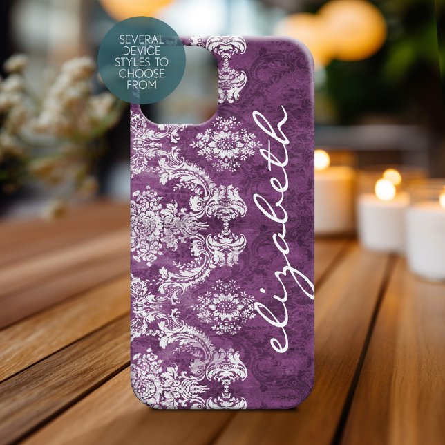 Plum Vintage Damask Pattern and Name (Personalized Phone Case with Custom Name)
