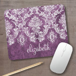Plum Vintage Damask Pattern and Name Mouse Pad<br><div class="desc">A vintage pattern with a trendy design with jewel tone colours and elegance. Items are easier to customise when you replace all text and photos first. If your art still needs to be adjusted, click on the Customise This button. This will take you to a design area where you can...</div>