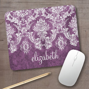 Plum Vintage Damask Pattern and Name Mouse Pad