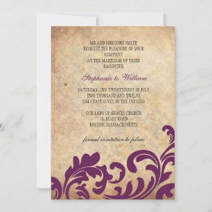 Plum Vintage Floral Swirl Wedding Invitation