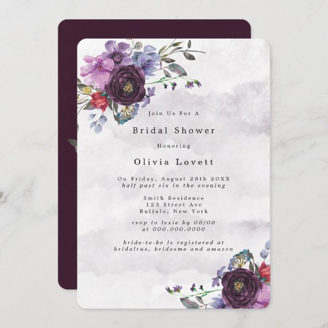 Plum Violet Botanical Peony Bridal Shower Invitation (Front/Back)