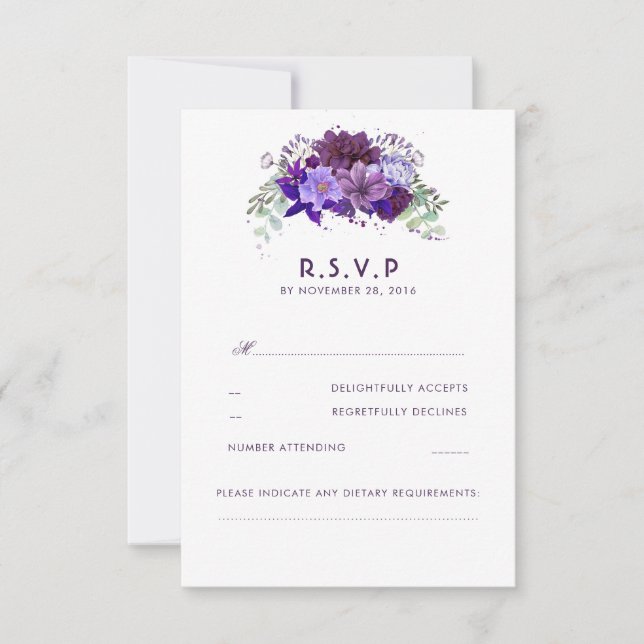 Plum Violet Flowers Elegant Wedding RSVP Card (Front)