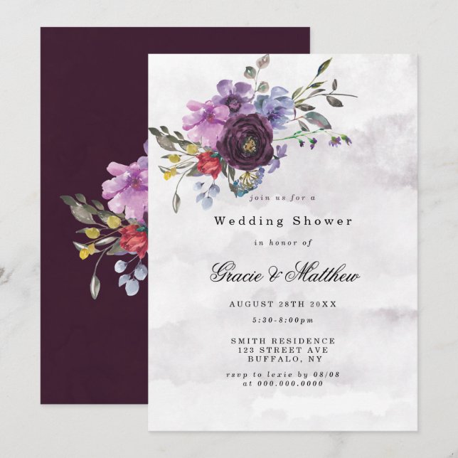 Plum Violet Peony Rustic Wedding Shower Invites  (Front/Back)
