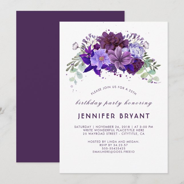 Plum Violet Purple Floral Elegant Birthday Party Invitation (Front/Back)