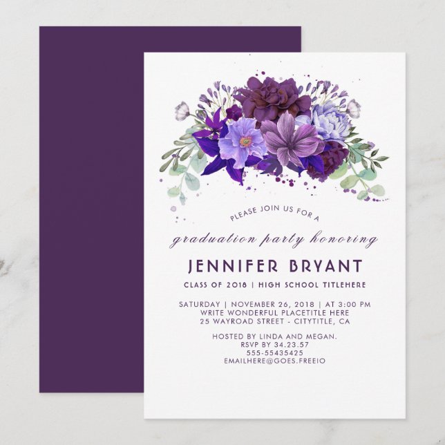 Plum Violet Purple Floral Elegant Graduation Party Invitation (Front/Back)