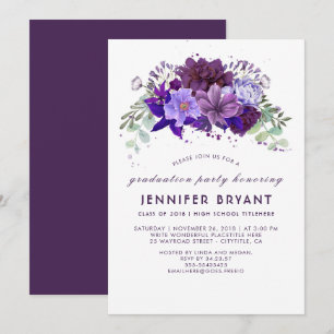 Plum Violet Purple Floral Elegant Graduation Party Invitation