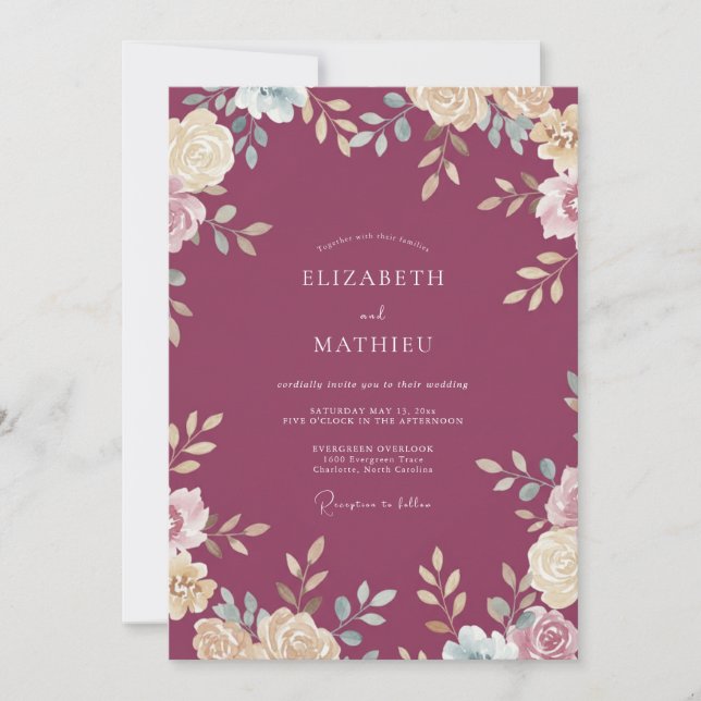 Plum Warm Cream Blossom Wedding Invitation (Front)