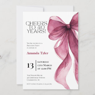 Plum Watercolor Bow Birthday  Invitation