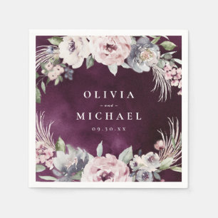 Plum watercolor & dusty pink floral boho wedding napkin