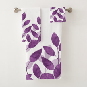 Plum Watercolor Leaves Bath Towel Set