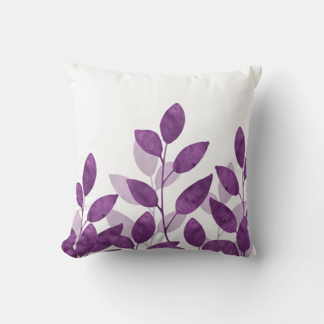 Plum Watercolor Leaves Cushion (Front)