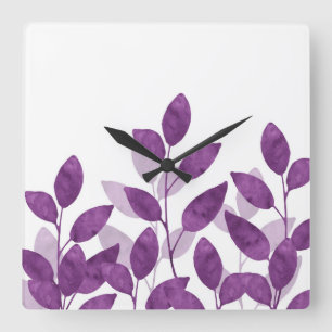 Plum Watercolor Leaves Square Wall Clock
