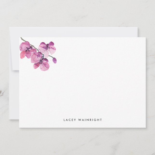 Plum Watercolor Orchid Personalised Stationery Card (Front)