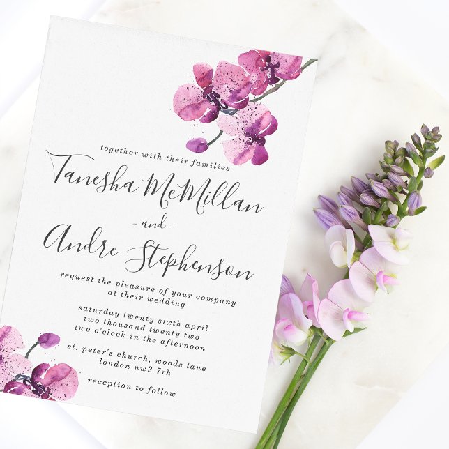 Plum Watercolor Orchids Wedding Invitation (Creator Uploaded)
