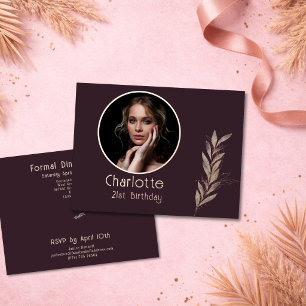 Plum Watercolor RoseGold Leaf Photo 21st Birthday  Foil Invitation Postcard