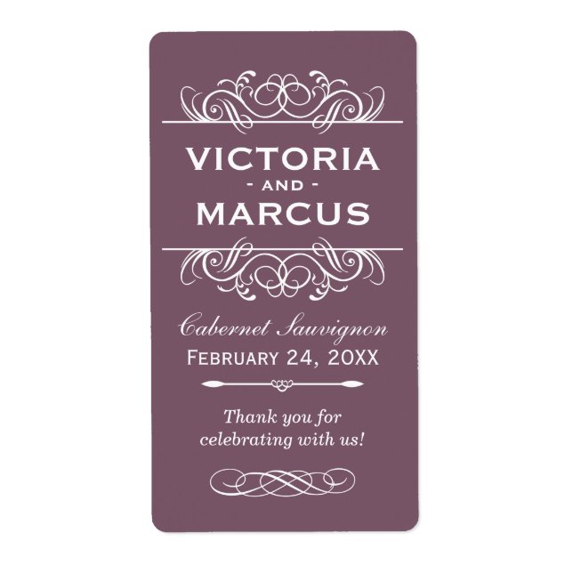 Plum Wedding Wine Bottle Monogram Favour Labels (Front)