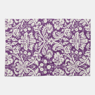 Plum White Damask Pattern Tea Towel
