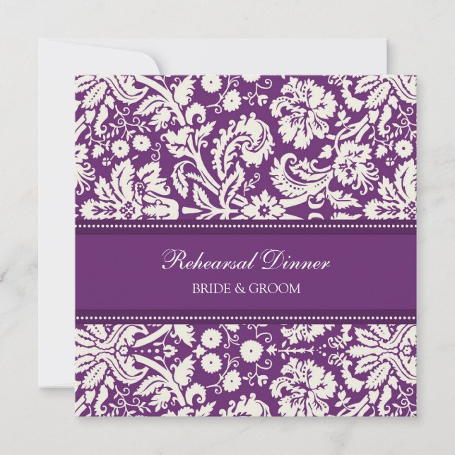 Plum White Damask Rehearsal Dinner Party Invitation (Front)