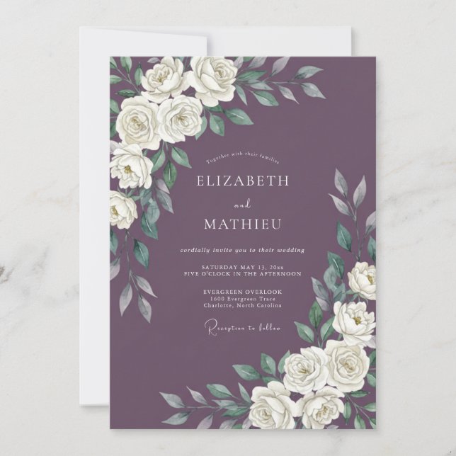 Plum White Rose Wedding Invitation (Front)