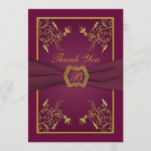 Plum Wine and Gold Monogram Thank You Card