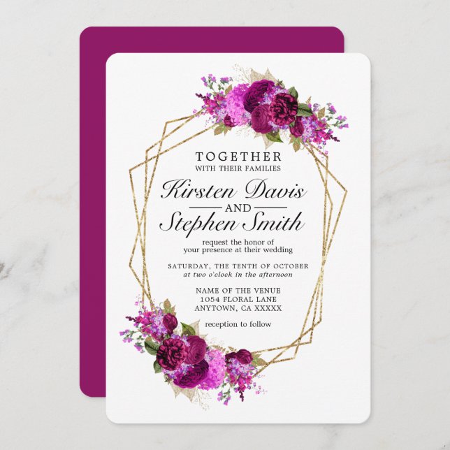 Plum Wine Floral Gold Geometric Border Wedding Invitation (Front/Back)