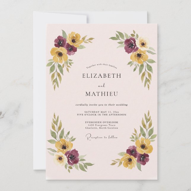 Plum Yellow Painterly Garland Wedding Invitation (Front)