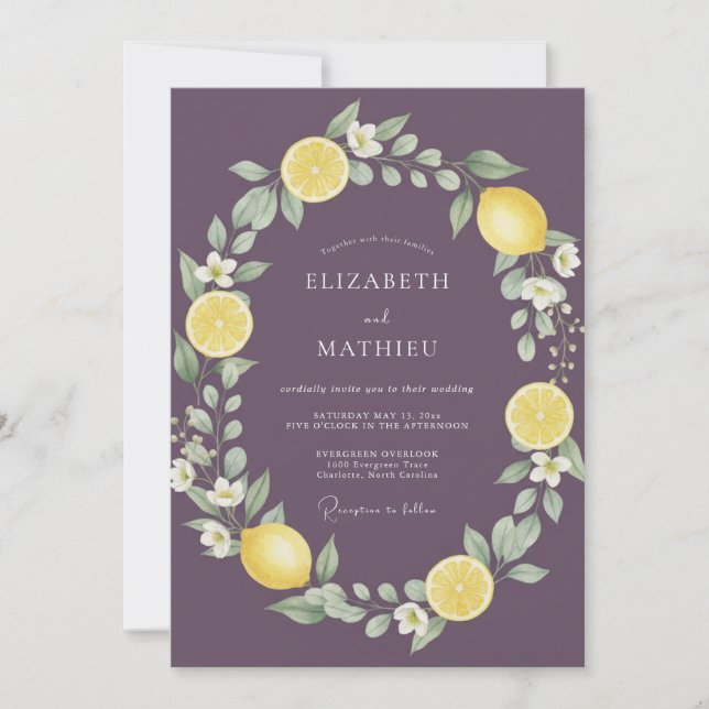 Plum Zesty Mediterranean Wedding Invitation (Front)