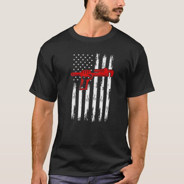 Plumber American Flag 4th July Patriotic Plumbing  T-Shirt (Front)