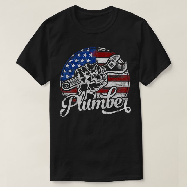 Plumber American Flag Plumbing Gift Pipe Wrench Us T-Shirt (Design Front)