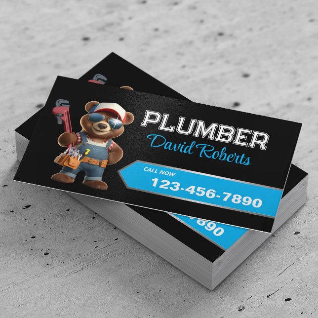 Plumber Bear House Handyman & Plumbing Black Business Card (Creator Uploaded)
