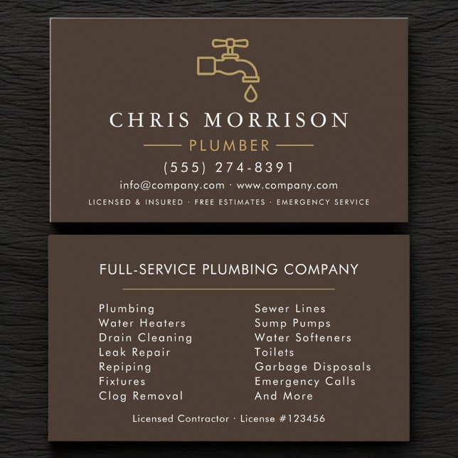 Plumber Brown Gold Minimalist Business Card (Creator Uploaded)