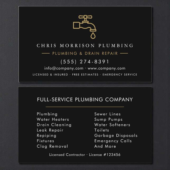 Plumber Dark Elegant Black & Gold Minimalist Business Card (Creator Uploaded)