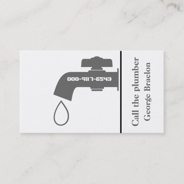 Plumber grey, white tap eye-catching plumbing business card (Front)