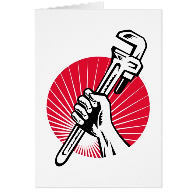 Plumber hand holding pipe wrench woodcut (Front)