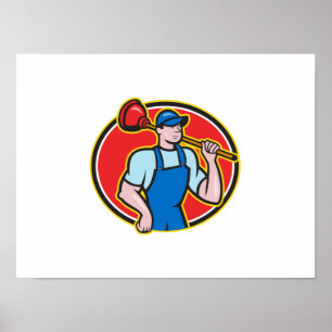 Plumber Holding Plunger Cartoon Poster