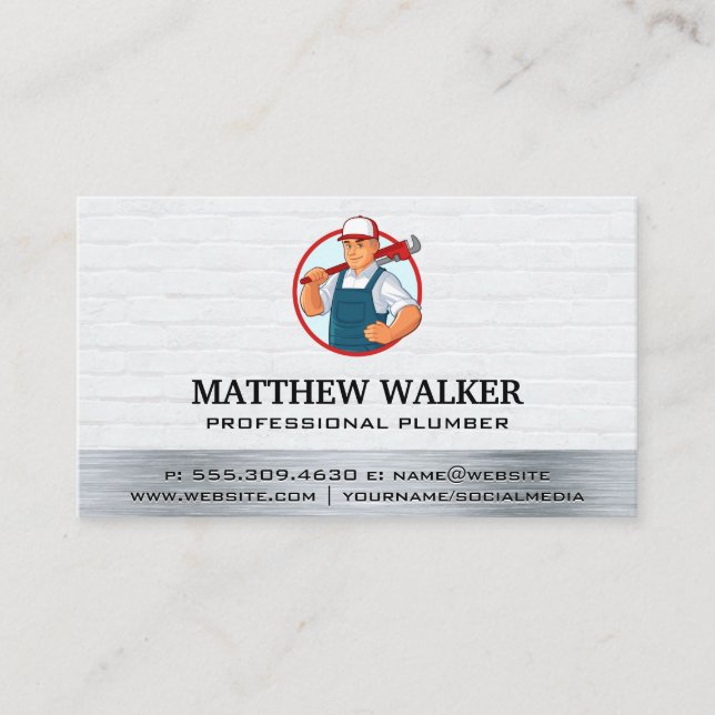 Plumber Holding Wrench Business Card (Front)
