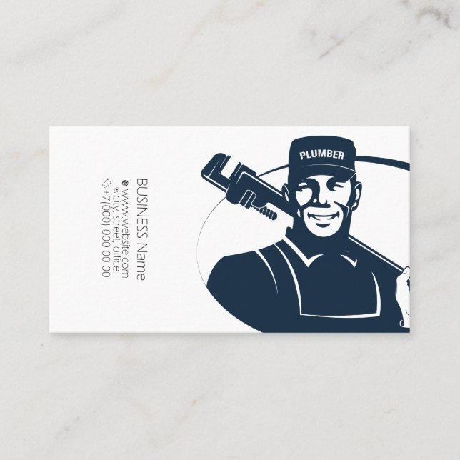 Plumber in uniform with a wrench in hand business card (Front)