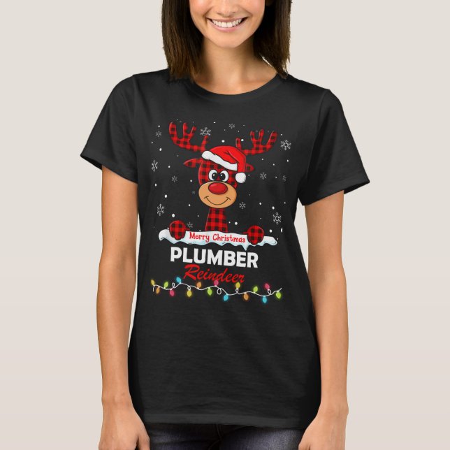 Plumber Reindeer Santa Hat Buffalo Plaid Christmas T-Shirt (Front)