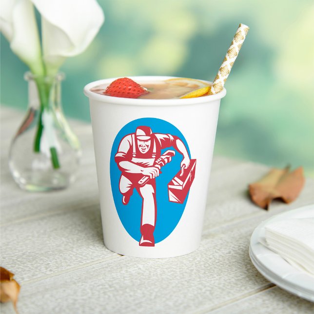 Plumber Running with Wrench and Toolbox Paper Cups (Creator Uploaded)