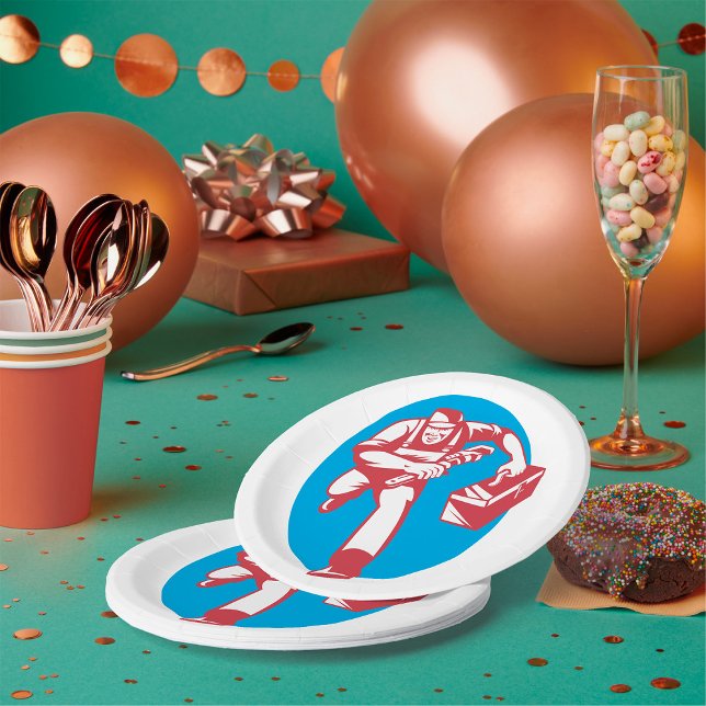 Plumber Running with Wrench and Toolbox Paper Plate (Creator Uploaded)