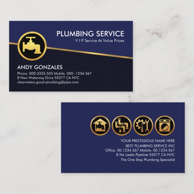 Plumber Tilting Gold Line Blue Shades Business Card (Front/Back)
