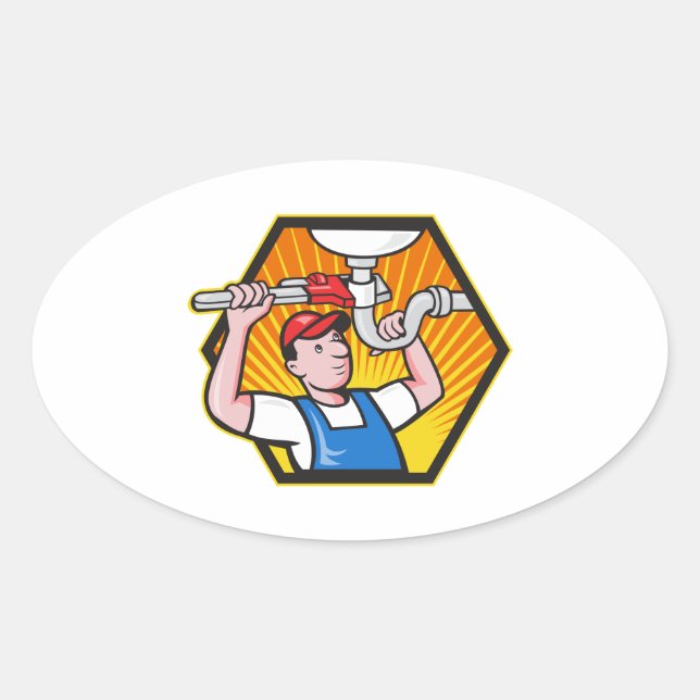 Plumber Worker With Adjustable Wrench Oval Sticker (Front)