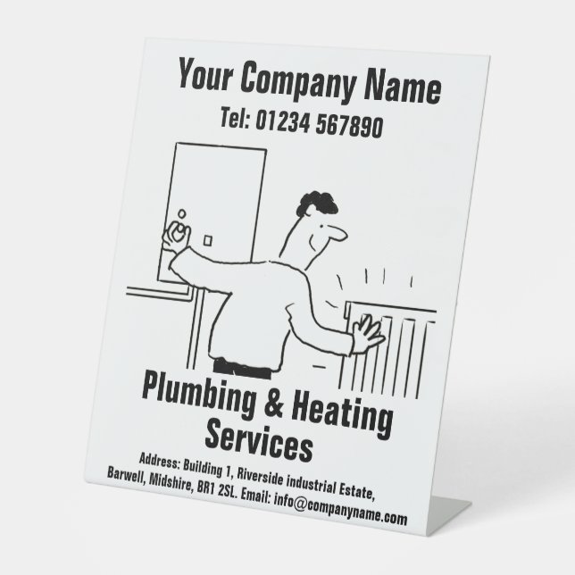 Plumbing & Heating Services Cartoon Design Pedestal Sign (Front)