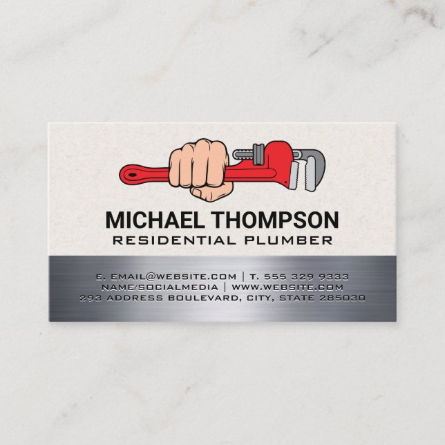 Plumbing Holding Wrench Logo Business Card (Front)