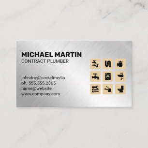 Plumbing Icons   Aluminium Metallic Background Business Card