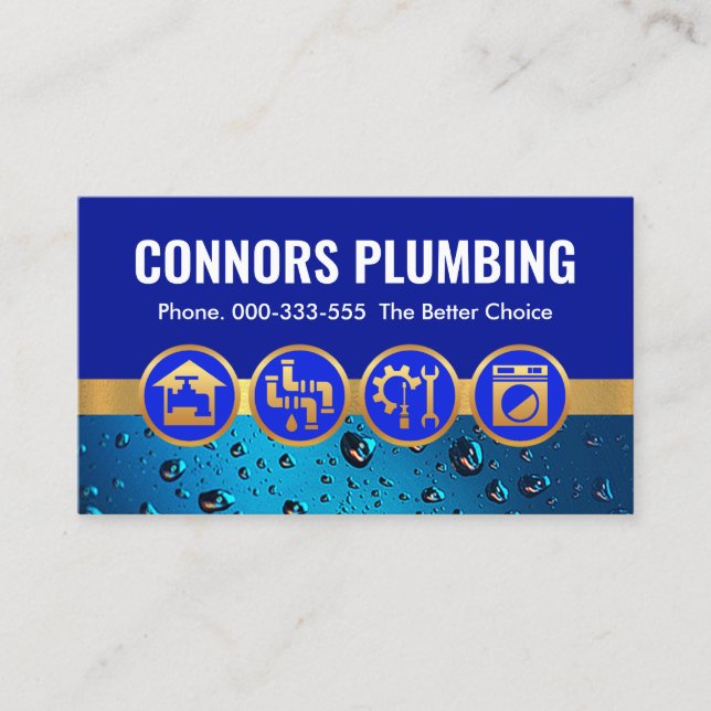 Plumbing Icons On Blue Waterdrops Business Card (Front)