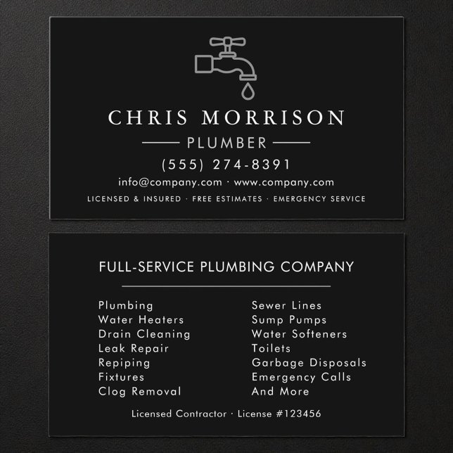 Plumbing Plumber Black Silver Minimalist Business Card (Creator Uploaded)