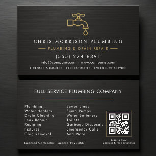 Plumbing QR Code Metallic Black & Gold Business Card